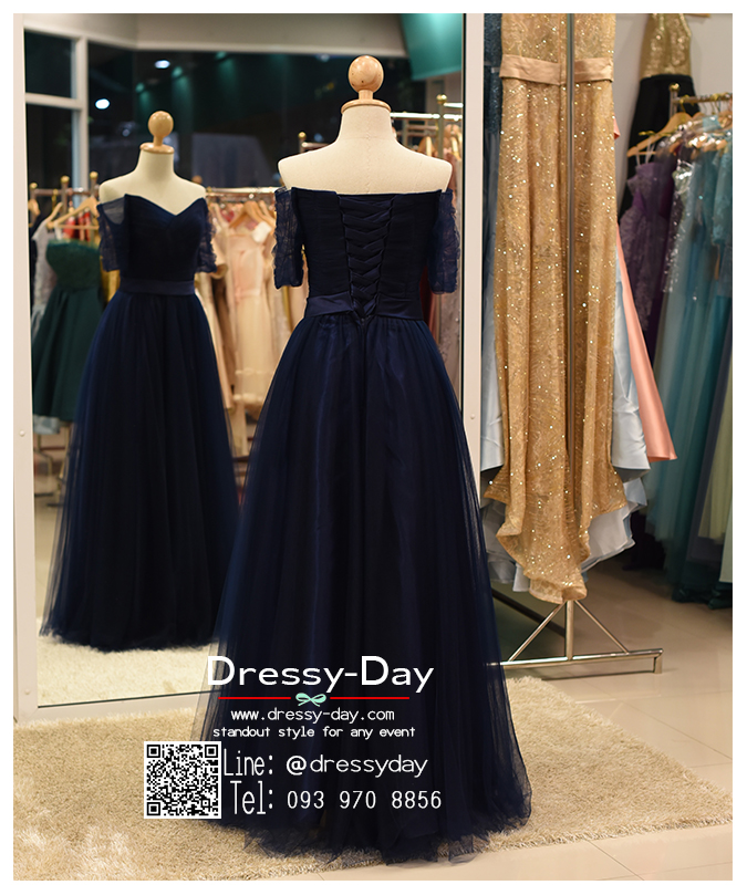 รหัส ชุดราตรี : PF071 -3 ชุดแซก ชุดราตรียาว หรู สีน้ำเงิน แขนยาว เรียบหรู เหมาะสำหรับงานแต่งงาน งานกลางคืน กาล่าดินเนอร์