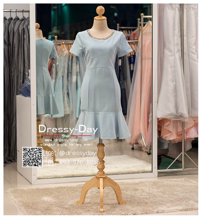 รหัส ชุดราตรีสั้น : PK018 ชุดแซก ชุดราตรี สีฟ้า แขนสั้นเรียบหรูเหมาะใส่ออกงานกลางคืน งานคอกเทล กระโปรงบาน