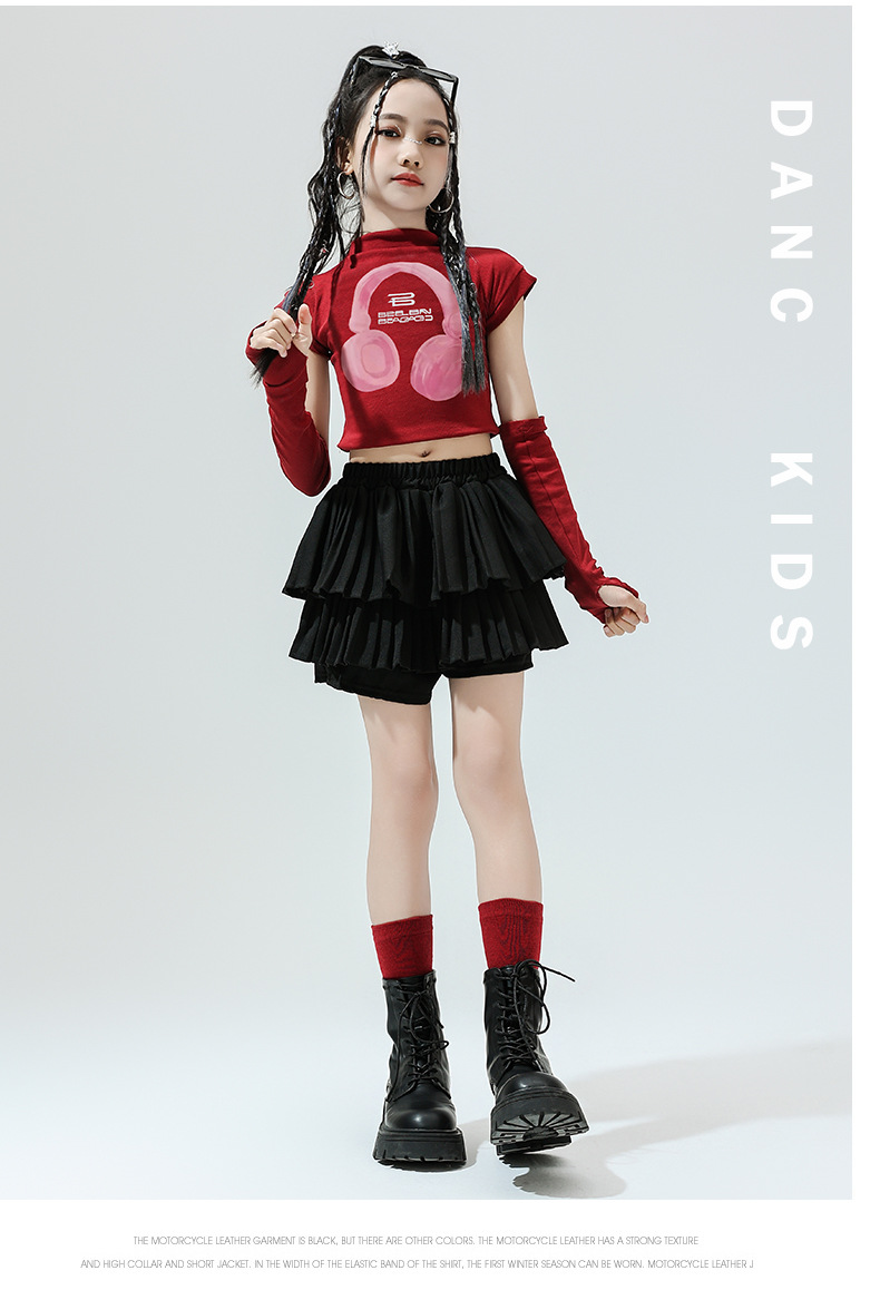 พร้อมส่ง ชุดเต้นเด็ก เสื้อ พร้อมปลอกแขน+กระโปรงอัดพลีท