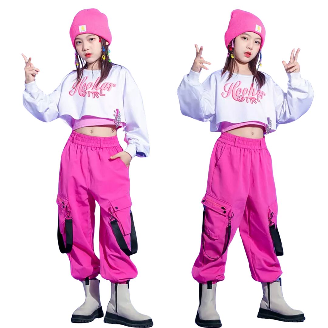 พร้อมส่ง ชุดเต้น ชุดแดนซ์ เสื้อสีขาว+กางเกงขายาว/กระโปรง สีชมพู