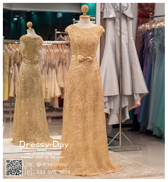 รหัส ชุดราตรียาว : PF005 ชุดราตรียาว เดรสออกงาน ชุดไปงานแต่งงาน ชุดแซก สีทอง สุดหรูประดับโบว์ที่เอว หมาะสำหรับงานแต่งงาน งานกลางคืน กาล่าดินเนอร์
