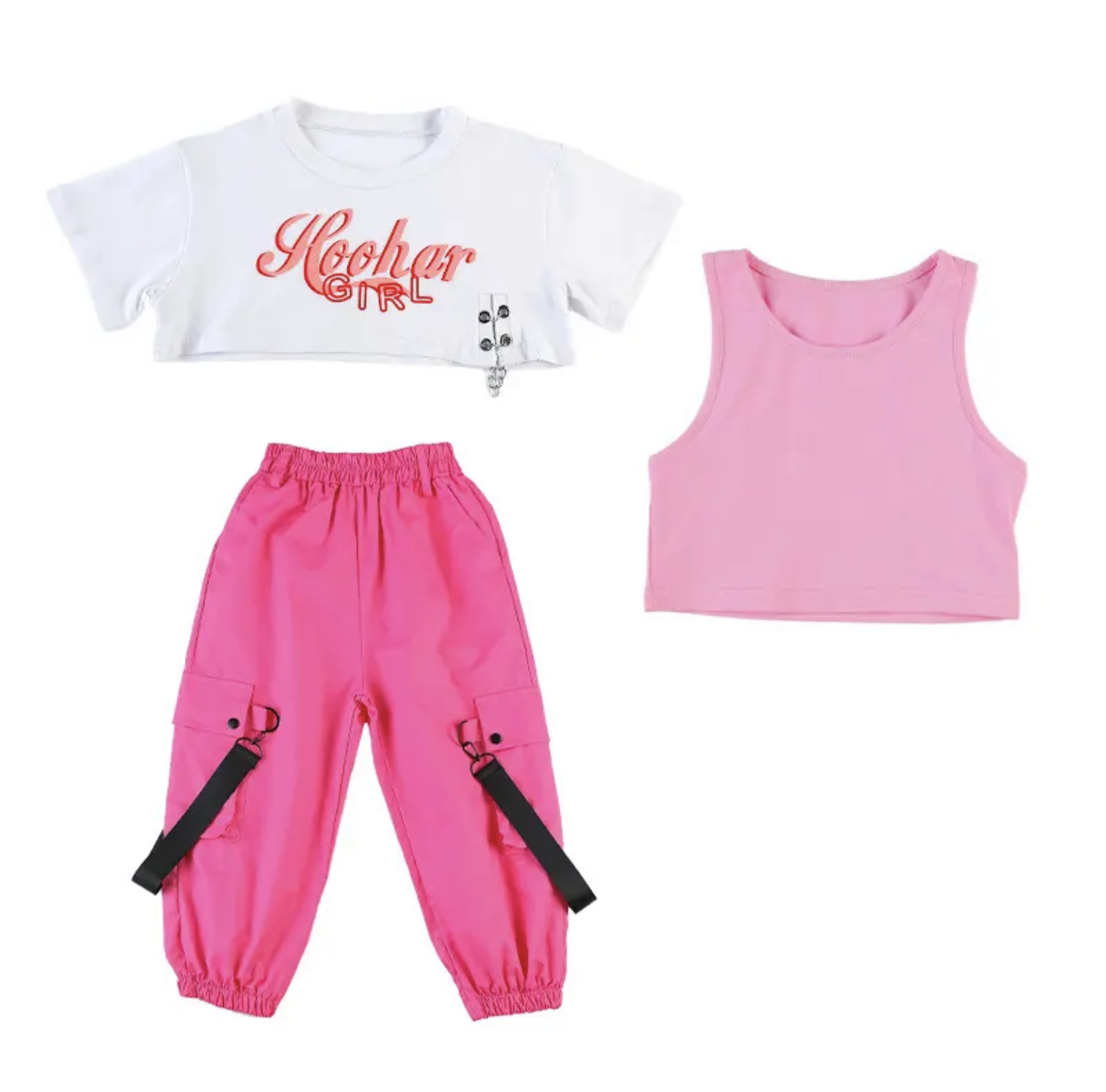 พร้อมส่ง ชุดเต้น ชุดแดนซ์ เสื้อสีขาว+กางเกงขายาว/กระโปรง สีชมพู