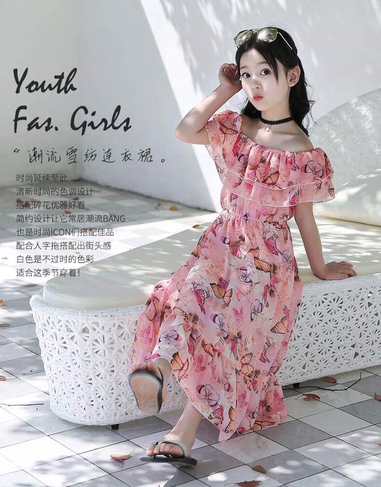 ชุดเด็ก : ชุดเดรส ลายดอก เปิดไหล่