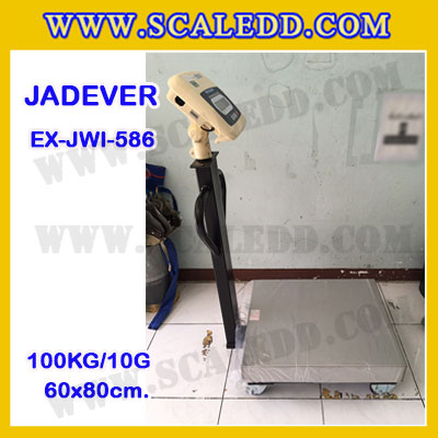 เครื่องชั่งดิจิตอลตั้งพื้น ยี่ห้อ JADEVER รุ่น EX-JWI-586 ขนาดแท่น 60x80cm. พิกัดน้ำหนัก 100kg ค่าละเอียด 10g พร้อมที่เข็นและล้อ