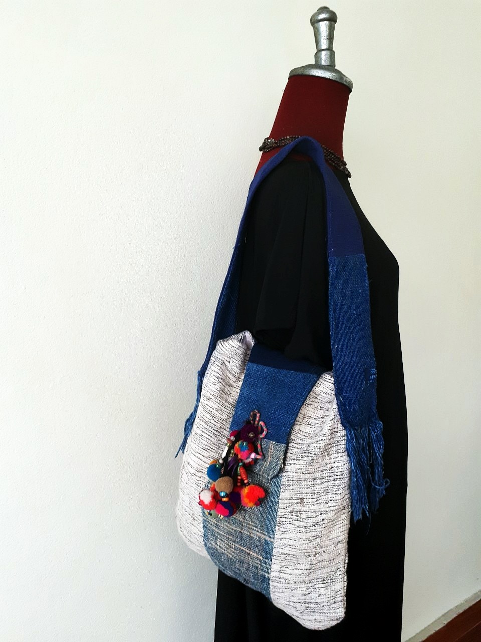 SIVA กระเป๋าลดโลกร้อนทำจากผ้าฝ้ายย้อมครามและผ้าฮัม ฟรีค่าส่ง ฟ้าและน้ำตาล L,XL