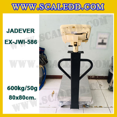 เครื่องชั่งดิจิตอลตั้งพื้น ยี่ห้อ JADEVER รุ่น EX-JWI-586 ขนาดแท่น 80x80cm. พิกัดน้ำหนัก 600kg ค่าละเอียด 50g พร้อมที่เข็นและล้อ