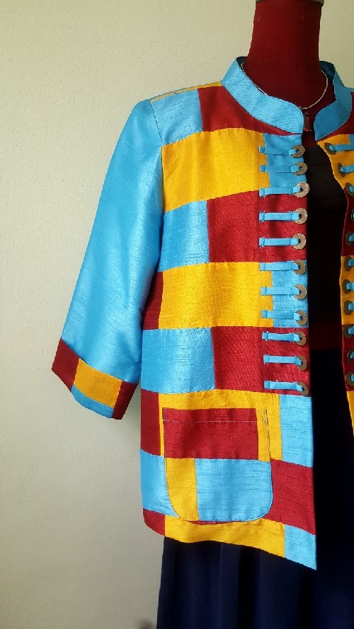 SIVA เสื้อคลุ้มผ้าไหมไทยตกแต่งวัสดุเหลือใช้ SIVA (ส่งฟรี) ดำ,น้ำตาล,ชมภู่,ฟ้า,แดงเลือดหมู M,L,XL,XXL