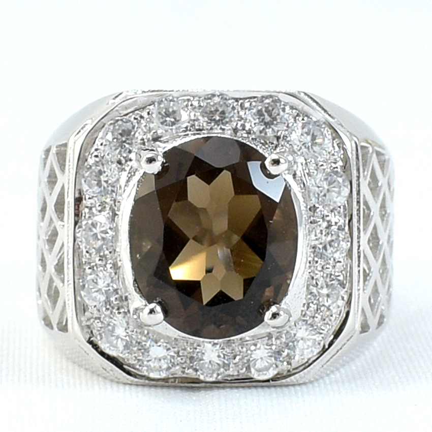 แหวนเงินแท้ราคาถูกชุบทองคำขาว พลอยแท้สโมกกี้ควอทซ์ 4.80 กะรัต เพชรCZ 0.96 กะรัต งานประณีตสวยงาม สั่งผลิตค่ะ