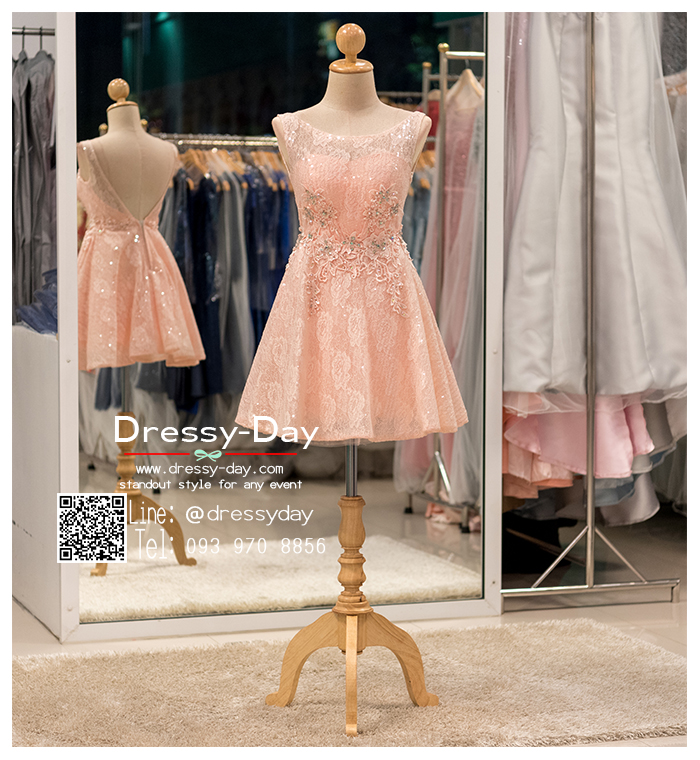 รหัส ชุดราตรีสั้น :PFS040 ชุดแซกตกแต่งกริตเตอร์ ชุดราตรีสั้นผ้าลูกไม้งานสวย สีชมพู สวยเก๋ ใส่ออกงานราตรีก็เหมาะ เหมาะใส่ออกงานกลางวัน กลางคืน งานแต่งงาน งานพรอม งานรับกระบี่
