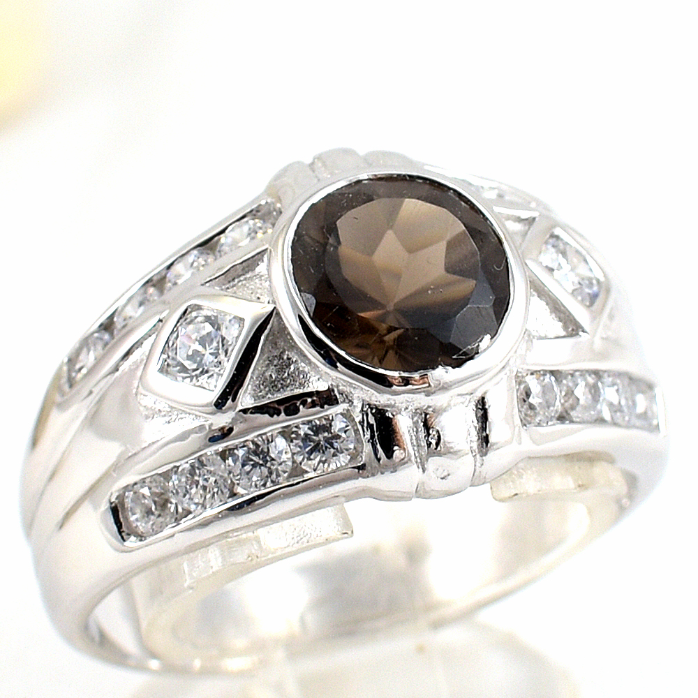 แหวนเงินแท้ราคาถูกชุบทองคำขาว พลอยแท้สโมกกี้ควอทซ์ 1.94 กะรัต เพชรCZ 0.80 กะรัต งานประณีตสวยงาม สั่งผลิตค่ะ