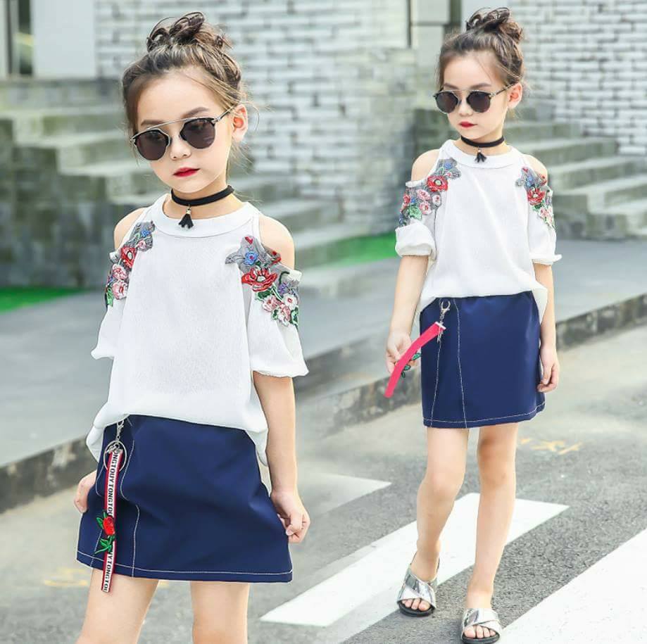 F-เซ็ตเสื้อกุหลาบ ผ้าชีฟอง+กระโปรงสีกรม