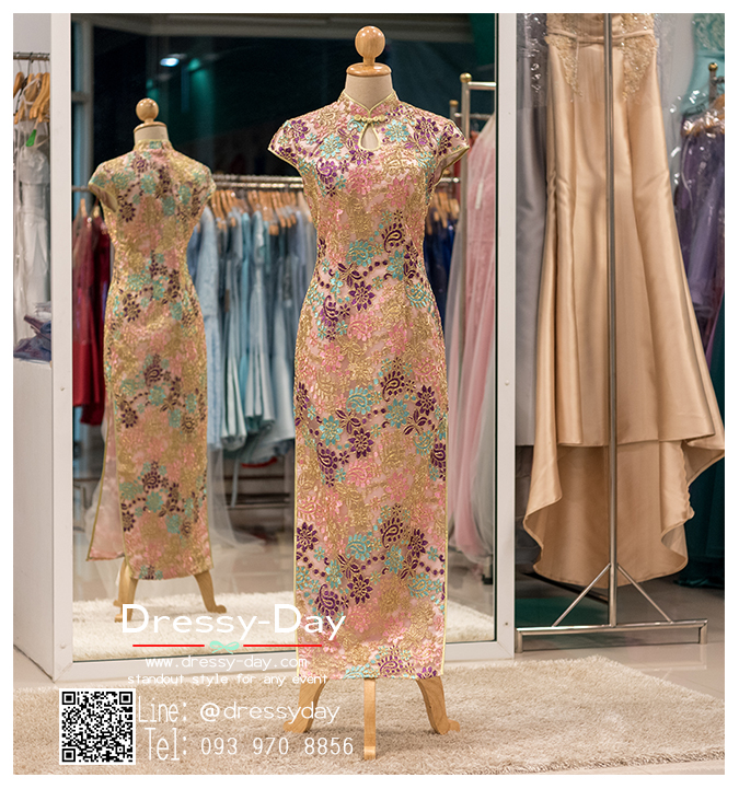 รหัส ชุดกี่เพ้า :KPL018 ชุดกี่เพ้าประยุกต์ยาวราคาถูก ชุดยกน้าชาลูกไม้งานสวยตกแต่งด้ายทองเหมาะใส่เป็นชุดแต่งงาน ชุดงานหมั้นแบบเรียบหรู คอลเลคชั่น