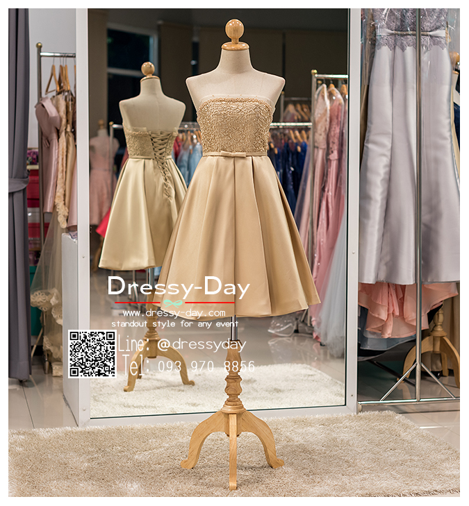 รหัส ชุดราตรีสั้น :PF006 ชุดราตรีสั้น เดรสออกงาน ชุดไปงานแต่งงาน ชุดแซก สีทอง เกาะอก สวยหรูประดับมุก เหมาะสำหรับงานแต่งงาน งานกลางคืน กาล่าดินเนอร์