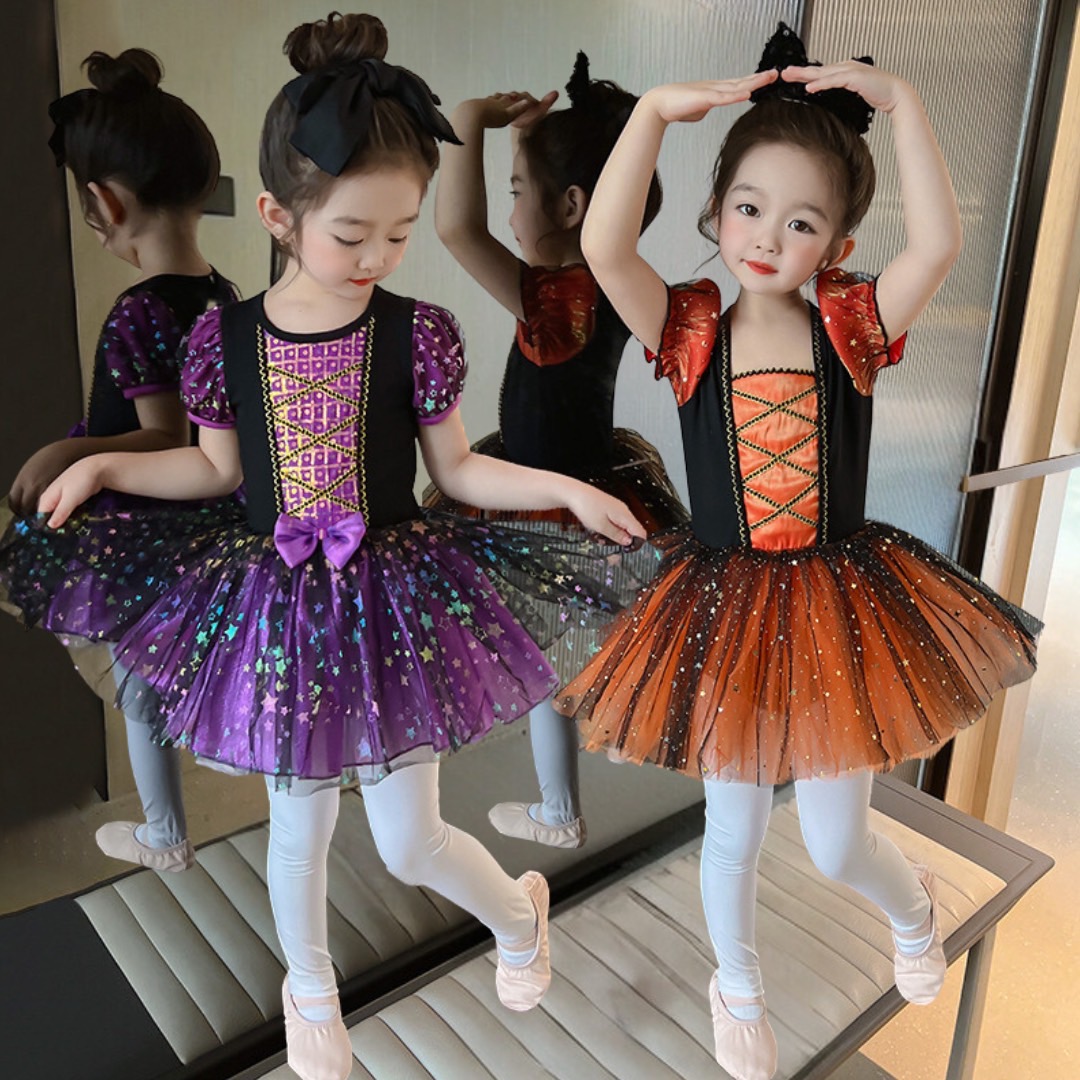 ชุดฮาโลวีน สาวบัลเล่ต์ เดรสสั้นแต่งลายดาวสีม่วง/แดง พร็อพเสริมแต่งไฟ