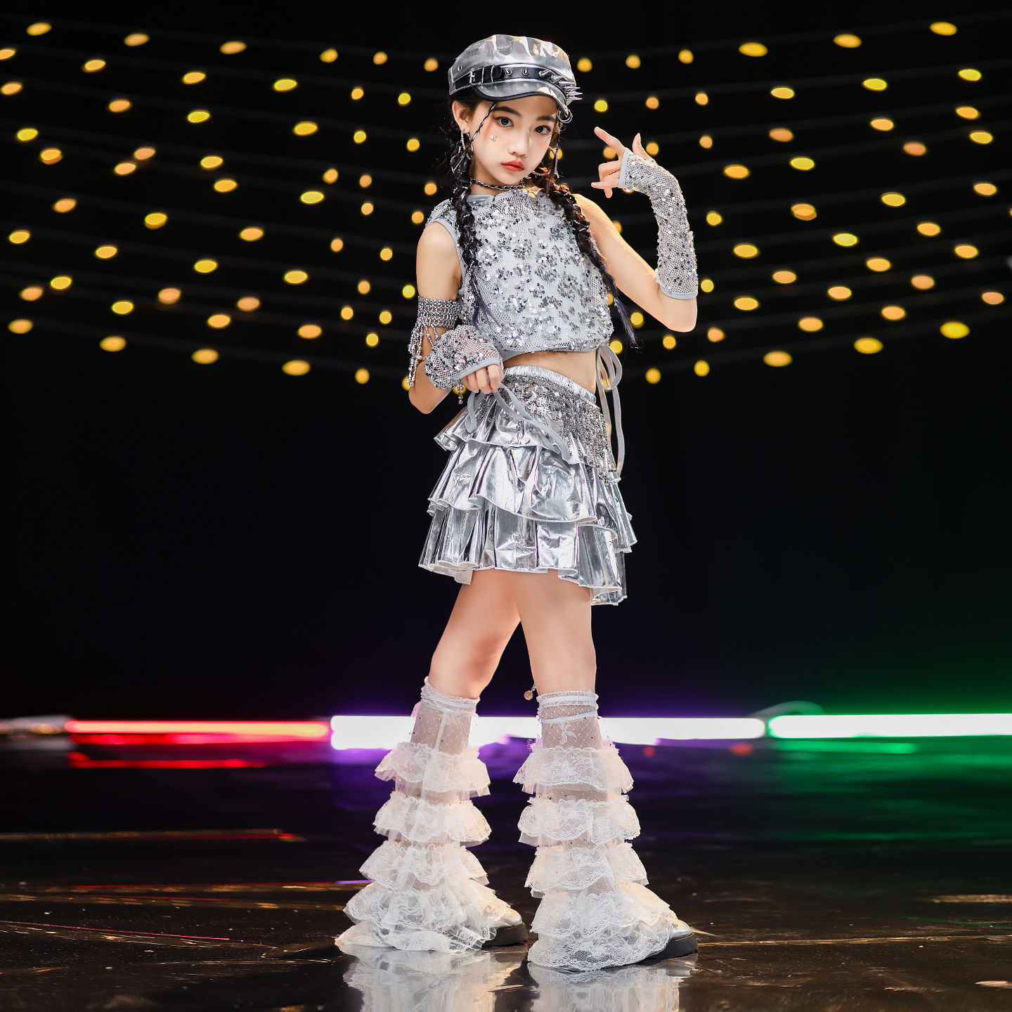 friendly4kid ชุดเต้น เด็กหญิง เซ็ต เสื้อเงิน+กระโปรงระบาย/กางเกง**รอเข้า