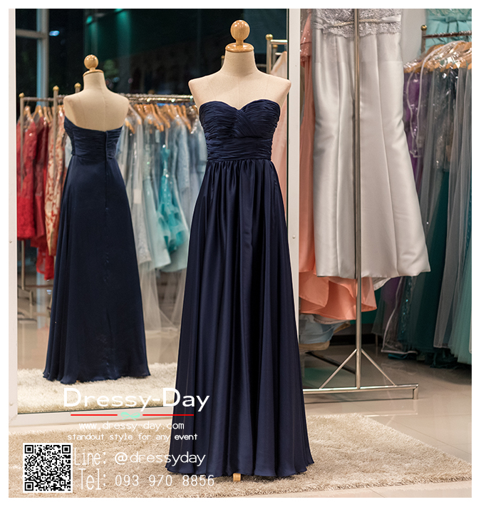 รหัส ชุดราตรี :PF054 ชุดราตรียาวหรูจับจีบรูปหัวใจ เดรสออกงานสีน้าเงินกรมท่า ชุดไปงานแต่งงานผ้าเครป ชุดแซก เกาะอก เหมาะสำหรับงานแต่งงาน งานกลางคืน กาล่าดินเนอร์