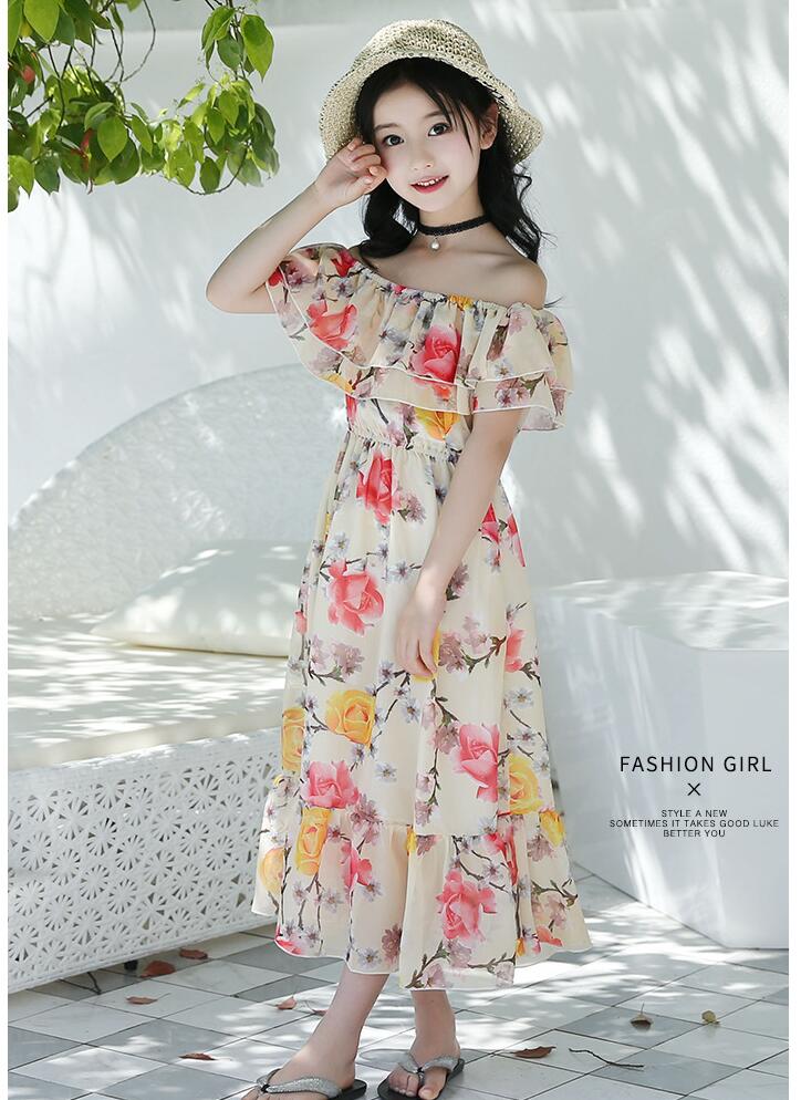 ชุดเด็ก : ชุดเดรส ลายดอก เปิดไหล่