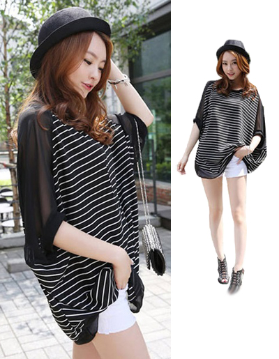 เสื้อยืดแฟชั่นเกาหลี ทรงปีกค้างคาวลายริ้ว แขนเสื้อชีฟอง รหัส 1073-สีดำ