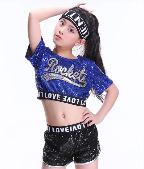 ชุดเต้น เสื้อแขนสั้น ปักเลื่อม Rocket +กางเกงขาสั้น สีดำ