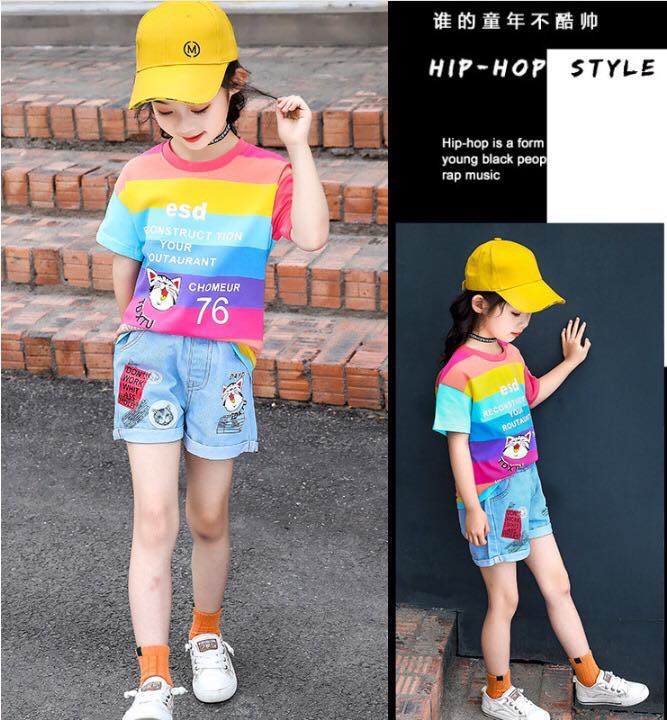 ชุดเซ็ต เสื้อแขนสั้น+กางเกงขาสั้นยีนส์