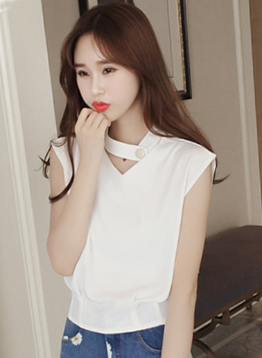 เสื้อโชคเกอร์แฟชั่นแขนกุดแบบน่ารักสไตล์เกาหลี รหัส 1486-สีขาว