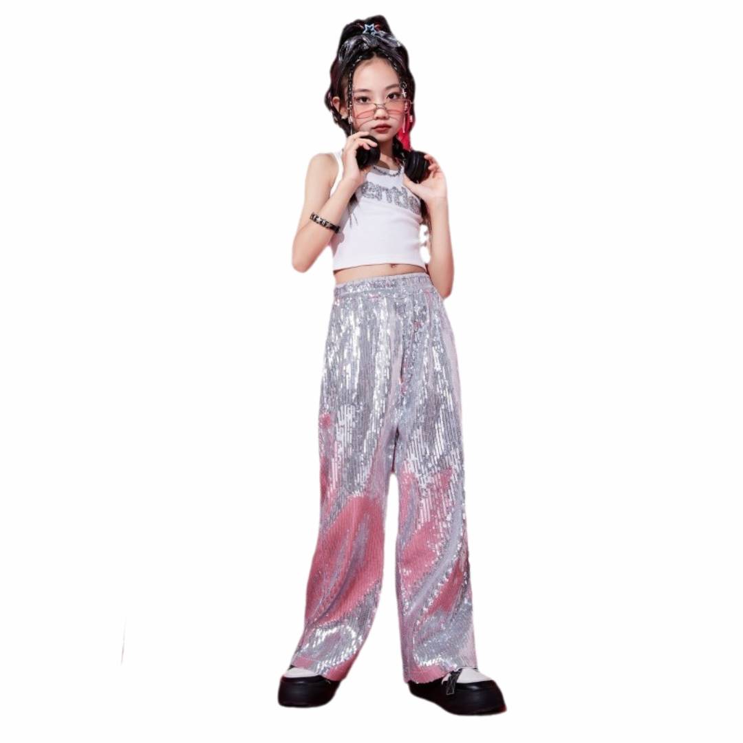 พร้อมส่ง ชุดเต้น ชุดแดนซ์ เสื้อแขนกุด+กางเกงขายาวปักเลื่อม