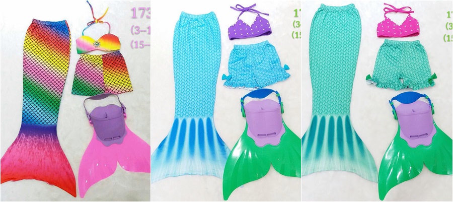 พร้อมส่ง ชุดว่ายน้ำ ชุดหางนางเงือก เซ็ต 4 ชิ้น หางปิด