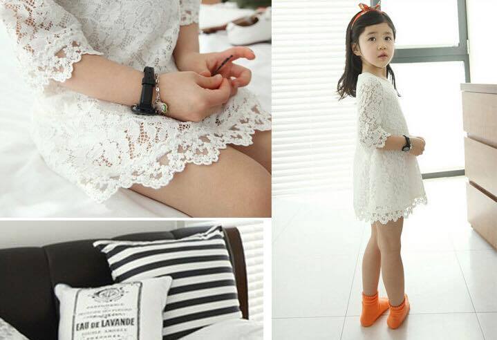 ชุดเด็ก : เดรสลูกไม้ แขนสามส่วน สีขาว