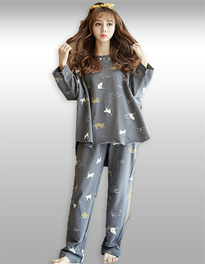 ชุดเซ็ทเสื้อกางเกงขายาวสีเทาลายแมวสุดน่ารัก รหัส2109
