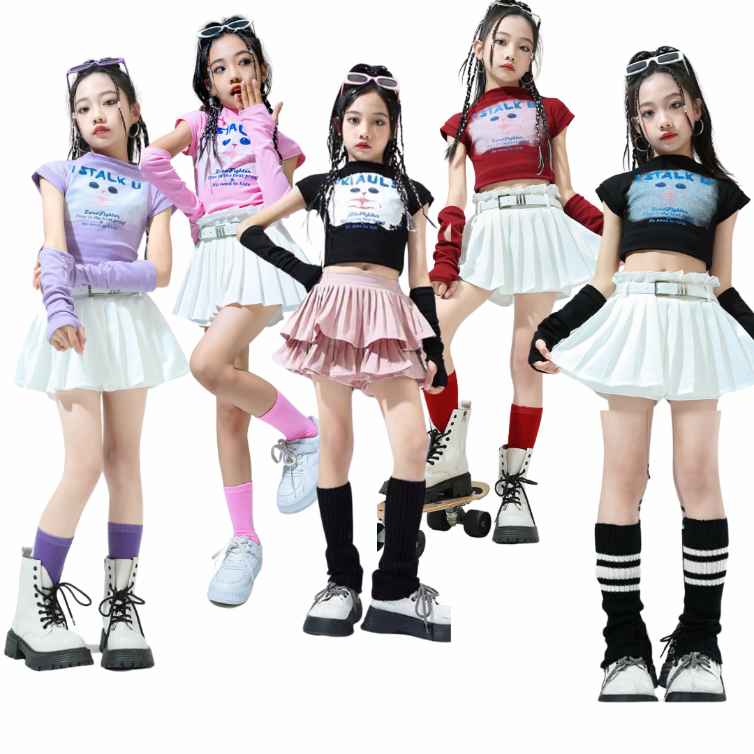 พร้อมส่ง***ชุดเต้น ลายแมว สไตล์เกาหลี เซ็ตเสื้อTKIAULS+กางเกงกระโปรง