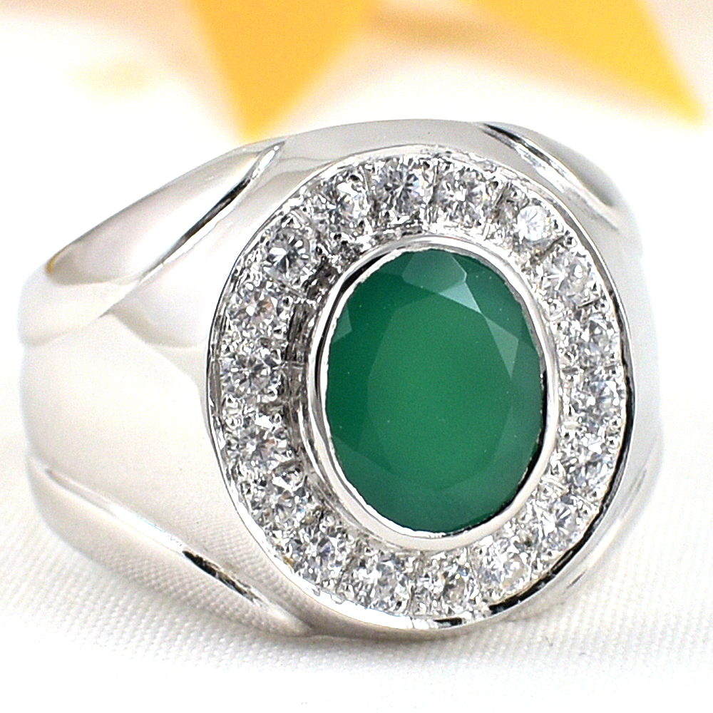 แหวนเงินแท้ราคาถูกชุบทองคำขาว พลอยแท้กรีนอะเกท 2.25 กะรัต เพชรCZ 0.54 กะรัต งานประณีตสวยงาม สั่งผลิตค่ะ