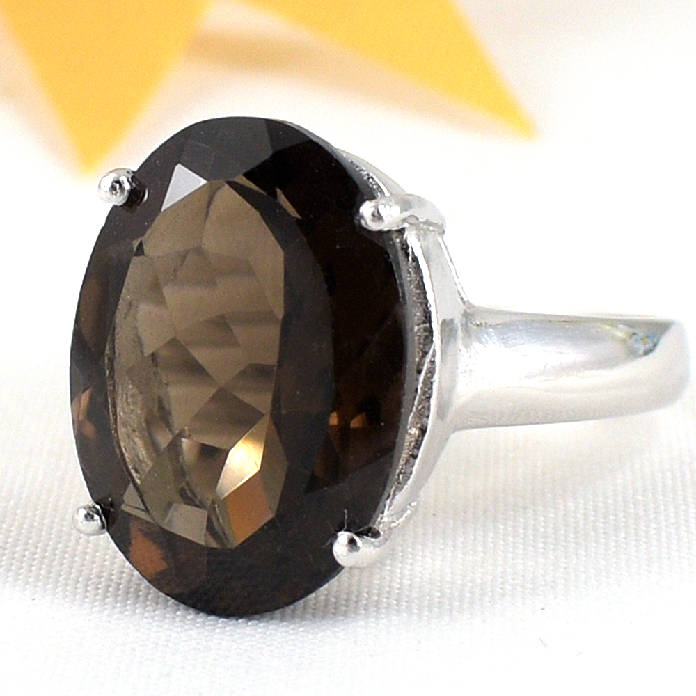 แหวนเงินแท้ราคาถูกชุบทองคำขาว พลอยแท้สโมกกี้ควอทซ์ 11.15 กะรัต งานประณีตสวยงาม สั่งผลิตค่ะ