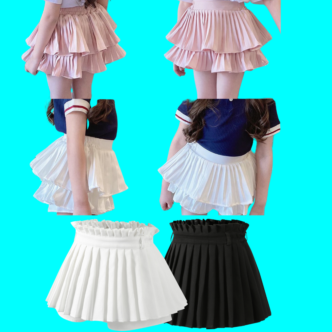 friendly4kid พร้อมส่ง กระโปรง เด็กอัดพลีท ทรงสั้น มีซับในกางเกง ลายพื้น เกรดคุณภาพ แบบสั้น พองฟู