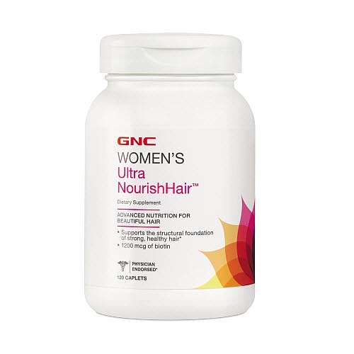 GNC Women's Ultra Nourish Hair™,120 Cablets ช่วยเสริมสุขภาพเส้นผมให้แข็งแรง เงางามและเพิ่มปริมาณเส้นผม หรือสำหรับผู้มีปัญหาผมร่วง ผมบาง เปราะ