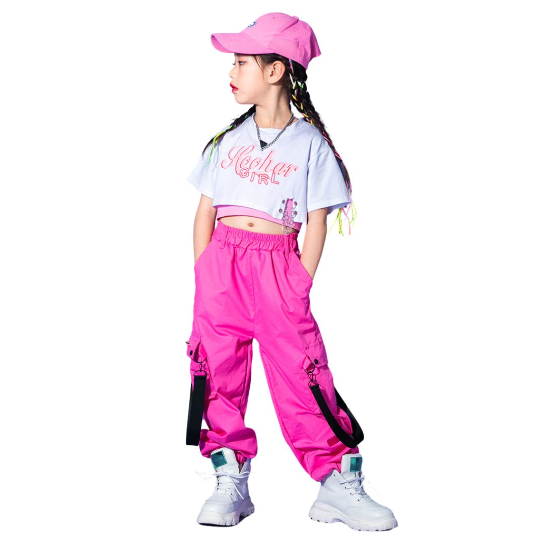 พร้อมส่ง ชุดเต้น ชุดแดนซ์ เสื้อสีขาว+กางเกงขายาว/กระโปรง สีชมพู