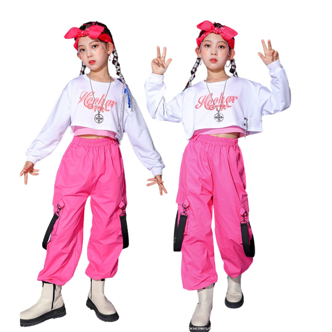 พร้อมส่ง ชุดเต้น ชุดแดนซ์ เสื้อสีขาว+กางเกงขายาว/กระโปรง สีชมพู