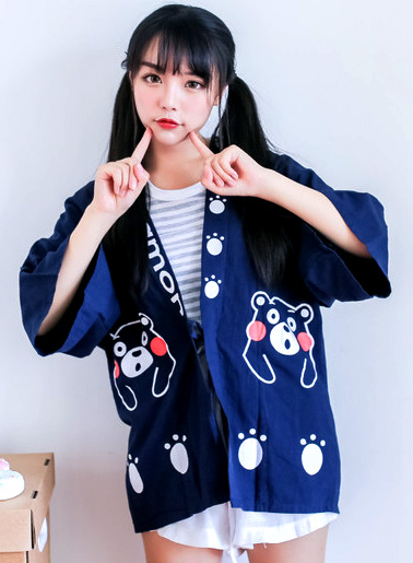 เสื้อคลุม สไตล์ฮาราจุกุ ลายพิมพ์หน้าลูกหมี KUMAMON