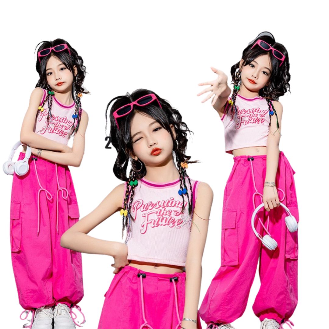 ชุดเต้น เสื้อแขนกุด+กางเกงคาร์โก้สีชมพู เอวผูก