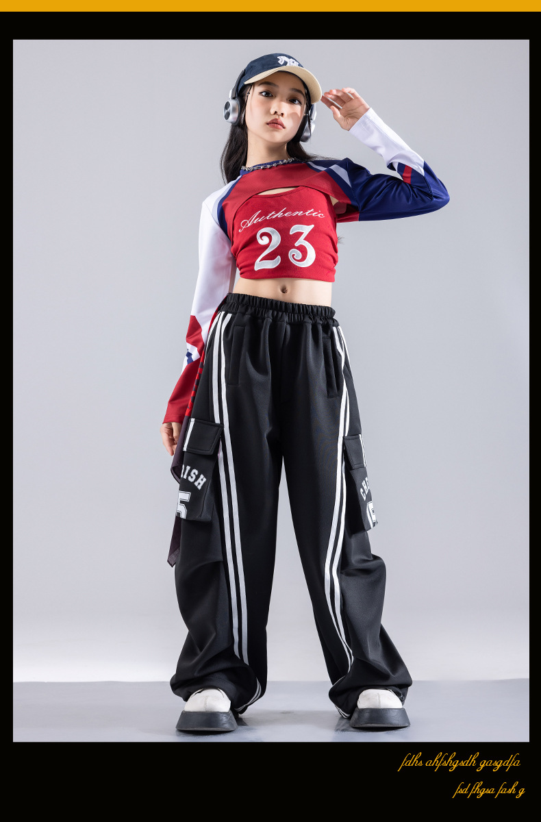 พร้อมส่ง ชุดเต้น สีแดง เลือดหมู เสื้อแขนยาวแต่งหน้าอก+กางเกงขายาวดำ