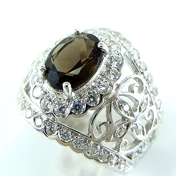 แหวนเงินแท้ราคาถูกชุบทองคำขาว พลอยแท้สโมกกี้ควอทซ์ 2.25 กะรัต เพชรCZ 1.09 กะรัต งานประณีตสวยงาม สั่งผลิตค่ะ