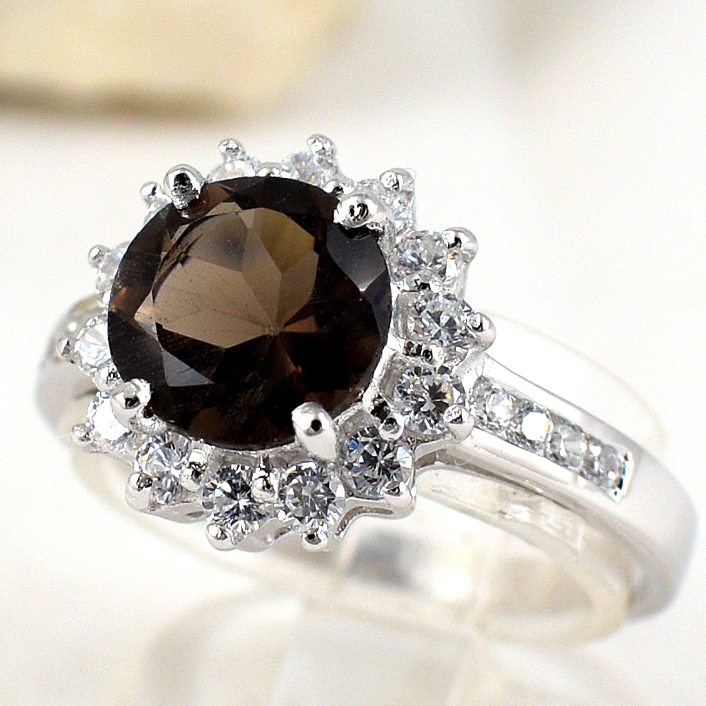 แหวนเงินแท้ราคาถูกชุบทองคำขาว พลอยแท้สโมกกี้ควอทซ์ 2.25 กะรัต เพชรCZ 0.77 กะรัต งานประณีตสวยงาม สั่งผลิตค่ะ