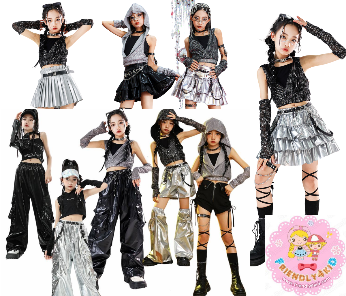 friendly4kid พร้อมส่ง ชุดเต้น เซ็ตเสื้อกั๊กดำ +กางเกงขายาว/กระโปรง hiphop jazzdance