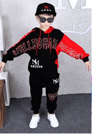 ชุดเต้น ชุดแดนซ์ ชุดฮิปฮอป ชาย แขนยาวสีแดง-ดำ อักษรคาดอก