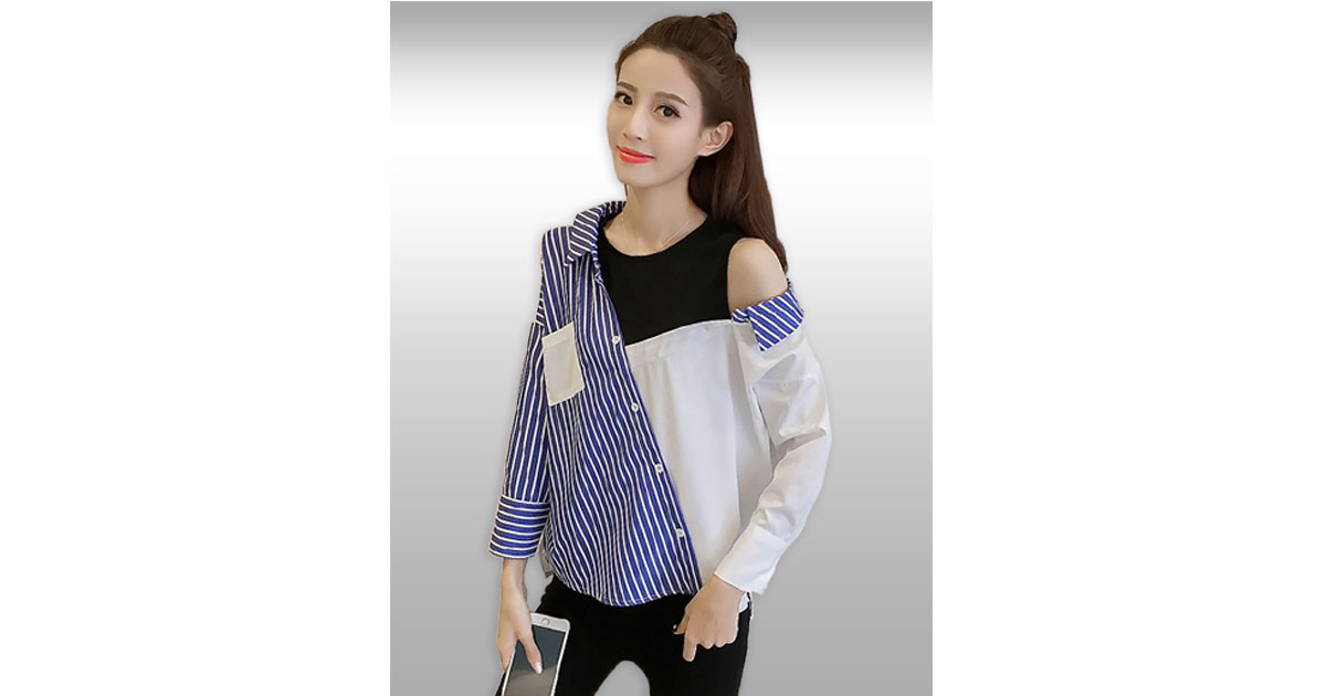 เสื้อเชิ๊ตแฟชั่นแต่งแขนกุดโชว์ไหล่งานสวยเท่ห์สไตล์เกาหลี รหัส 2377