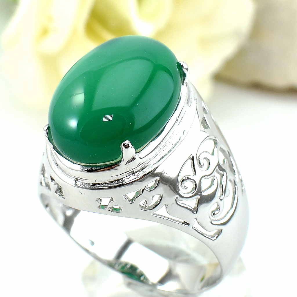 แหวนเงินแท้ราคาถูกชุบทองคำขาว พลอยแท้กรีนอะเกท 11.50 กะรัต งานประณีตสวยงาม สั่งผลิตค่ะ