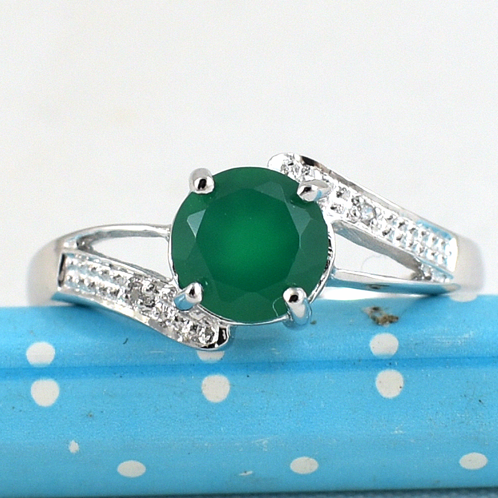 แหวนเงินแท้ราคาถูกชุบทองคำขาว พลอยแท้กรีนอะเกท 0.80 กะรัต เพชรCZ 0.02 กะรัต งานประณีตสวยงาม สั่งผลิตค่ะ