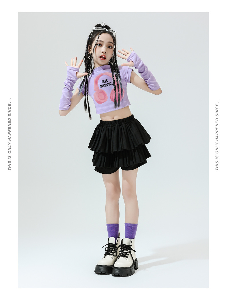 พร้อมส่ง ชุดเต้นเด็ก เสื้อ พร้อมปลอกแขน+กระโปรงอัดพลีท