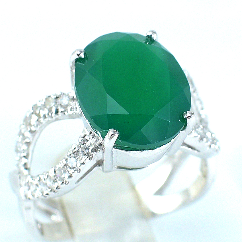 แหวนเงินแท้ราคาถูกชุบทองคำขาว พลอยแท้กรีนอะเกท 4.15 กะรัต เพชรCZ 0.42 กะรัต งานประณีตสวยงาม สั่งผลิตค่ะ