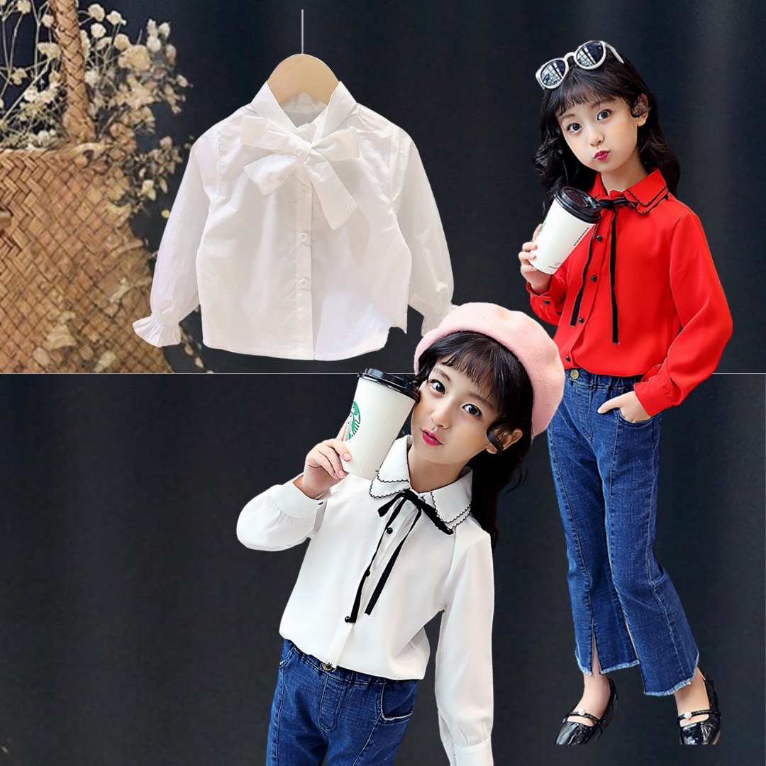 เสื้อแขนยาว ผูกโบว์ สีขาว-สีแดง