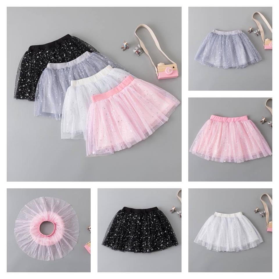 กระโปรงเด็ก ทรงสั้นบาน ลายดาว ผ้ามุ้ง แต่งดาว